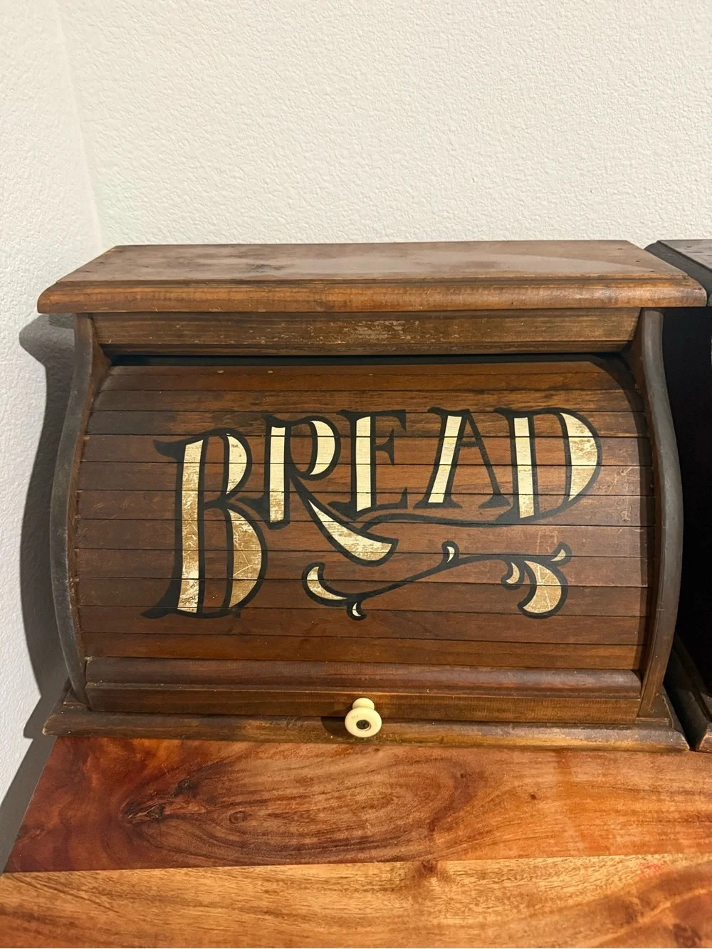 Wooden Roll-Top Bread Box with Painted Lettering THE HOLY GRAIL of bread boxes